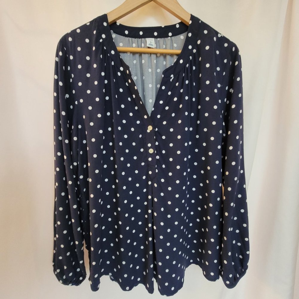 NEW WITHOUT TAGS - RELAXED POPOVER NAVY POLKA DOT BLOUSE - SIZE L - Picture 2 of 10